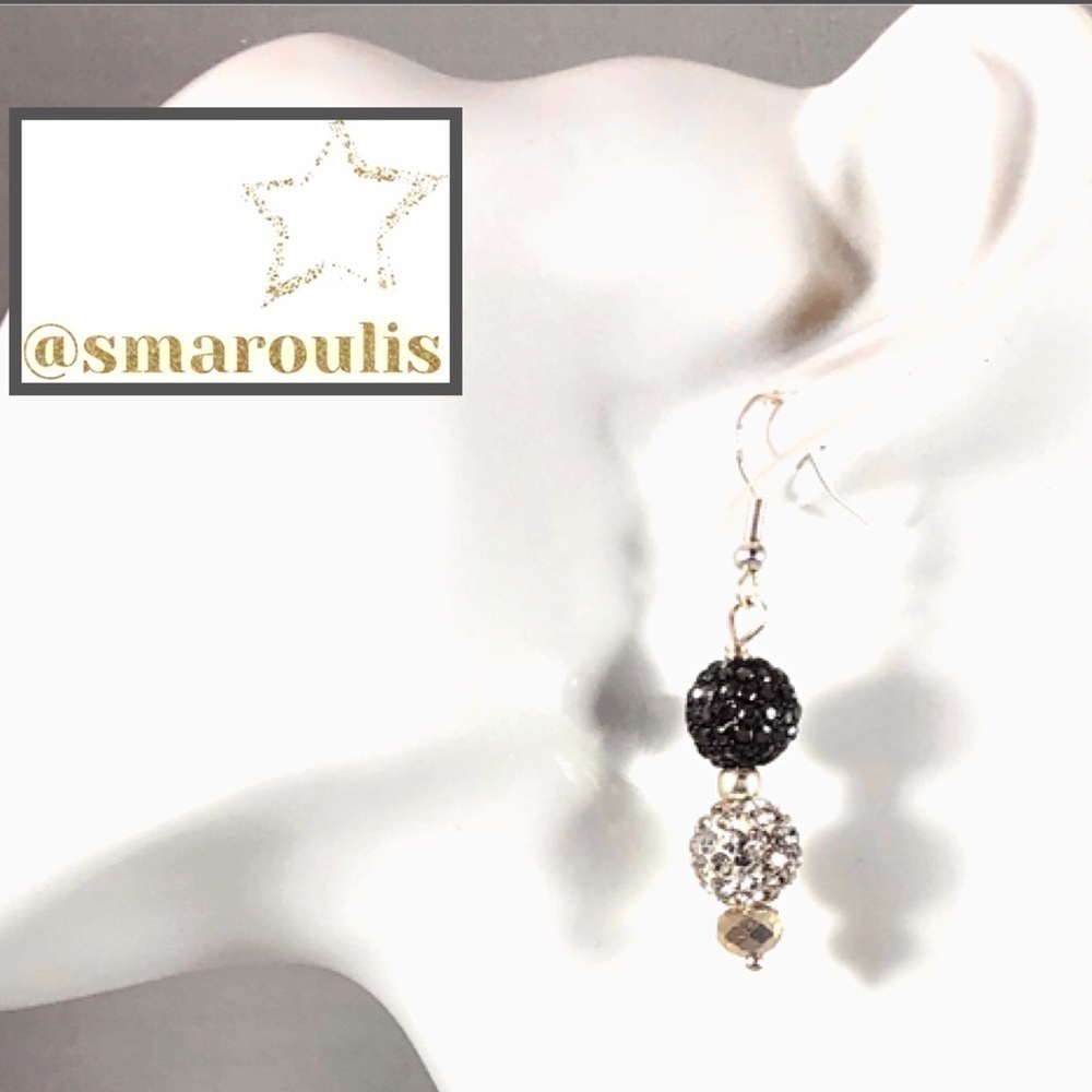 Sterling sterling earrings crystal black white & black DAZZLE balls stunning - Picture 3 of 8
